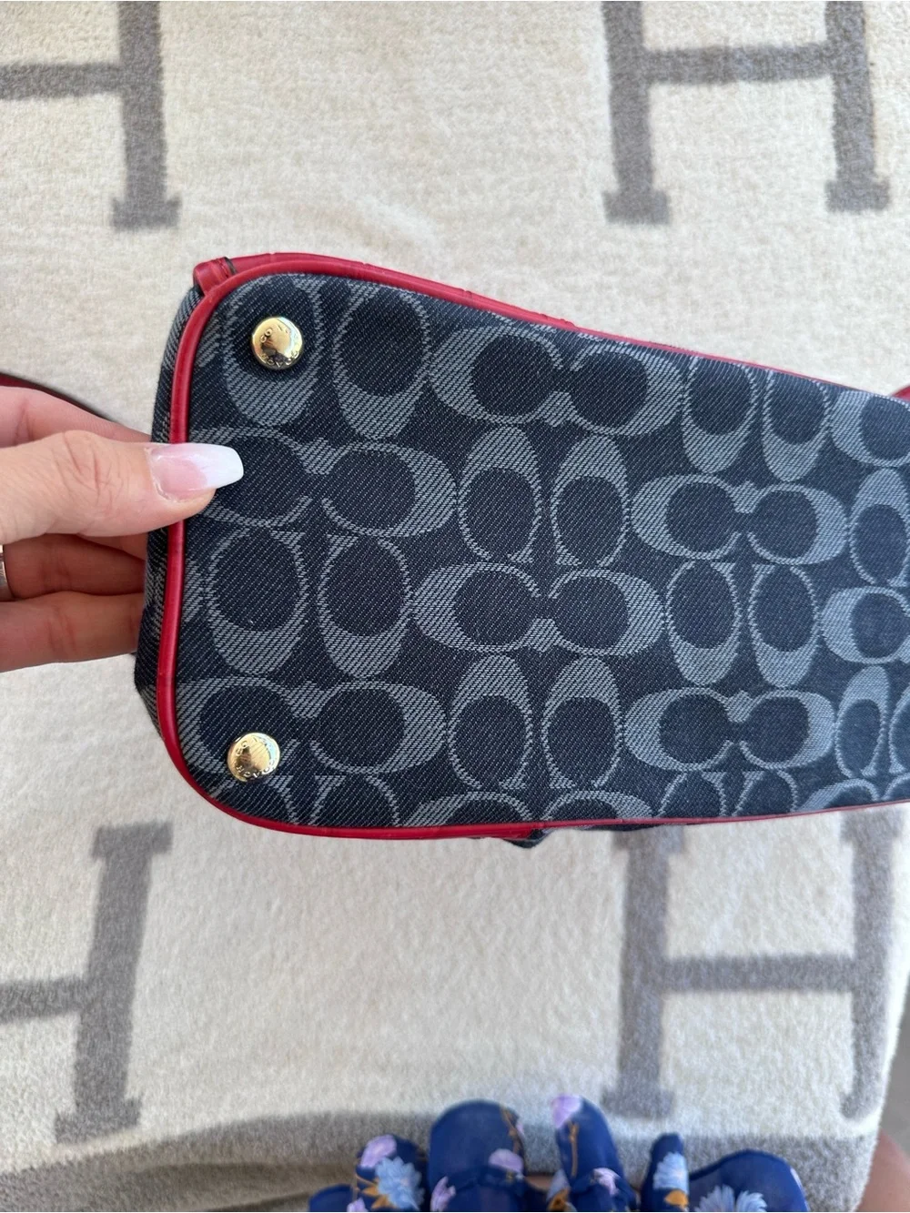 Coach Navy Signature Canvas Satchel with Red Trim